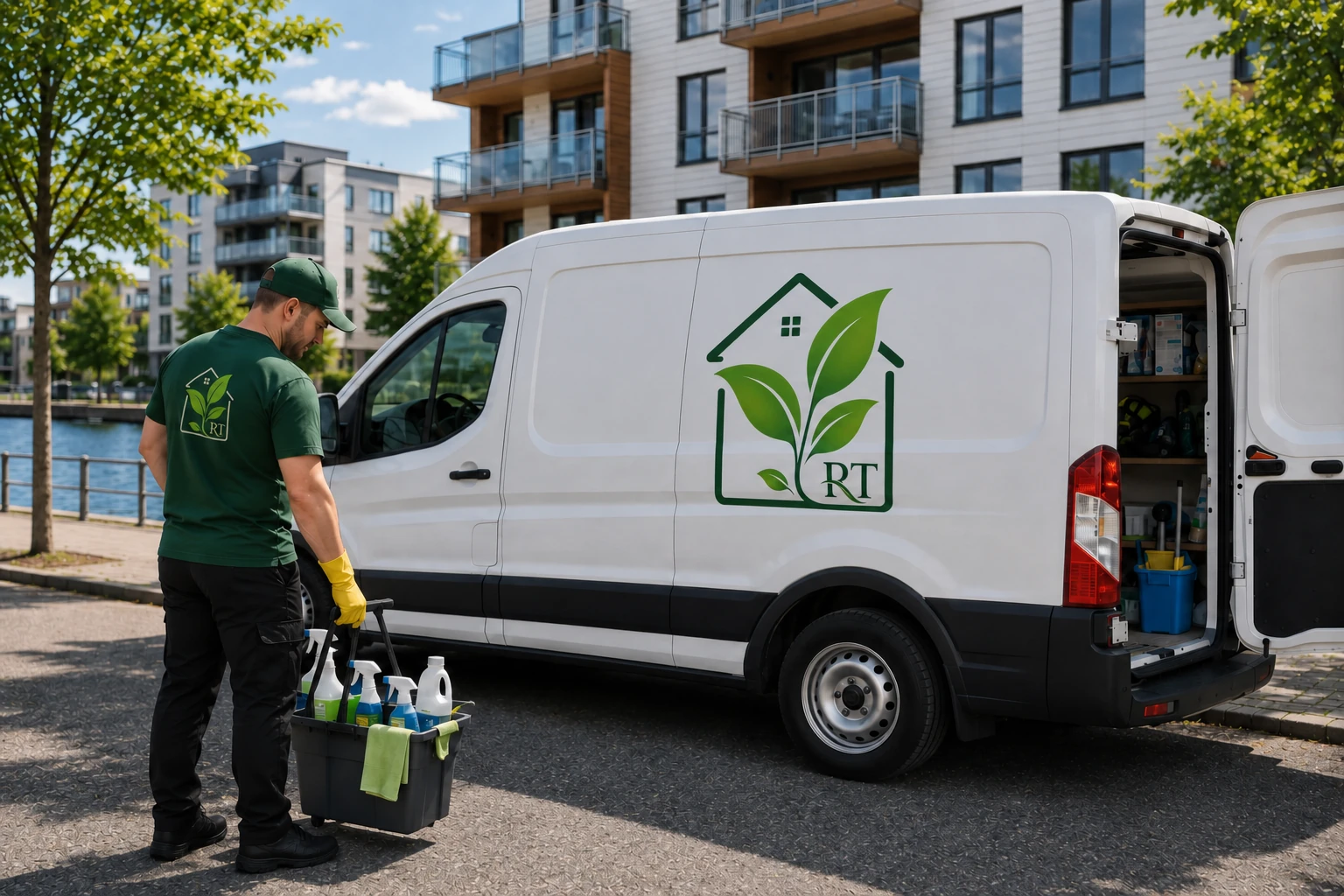 RenTrivsel Norr-personal i grön uniform med städutrustning framför företagsbilen i Umeå – lokalt städteam i Västerbotten