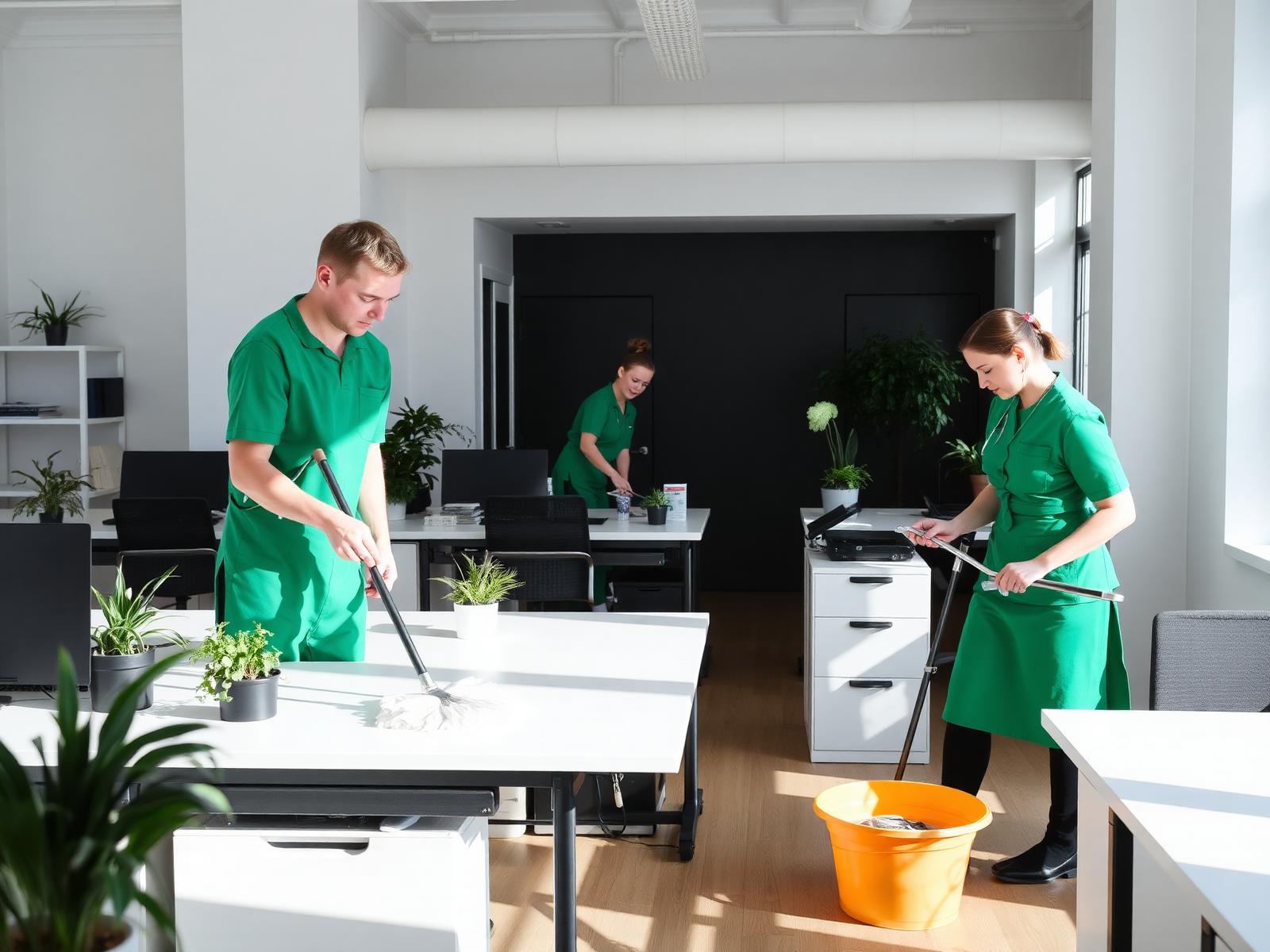 Ljust, välstädat kontor med koncentrerade medarbetare vid sina arbetsstationer.