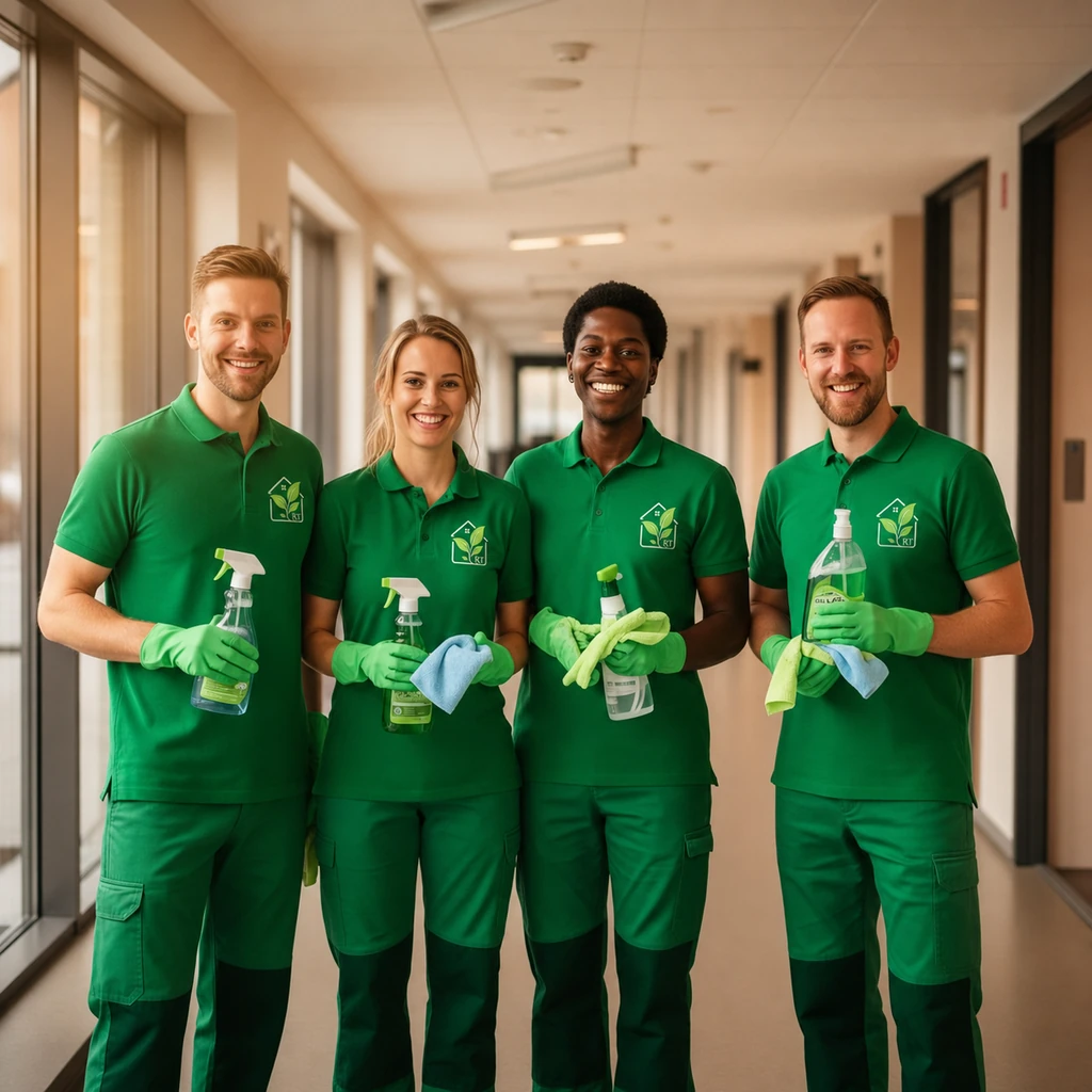 Rentrivselnorrs städteam i gröna uniformer med Svanenmärkta produkter – lokal städfirma i Umeå